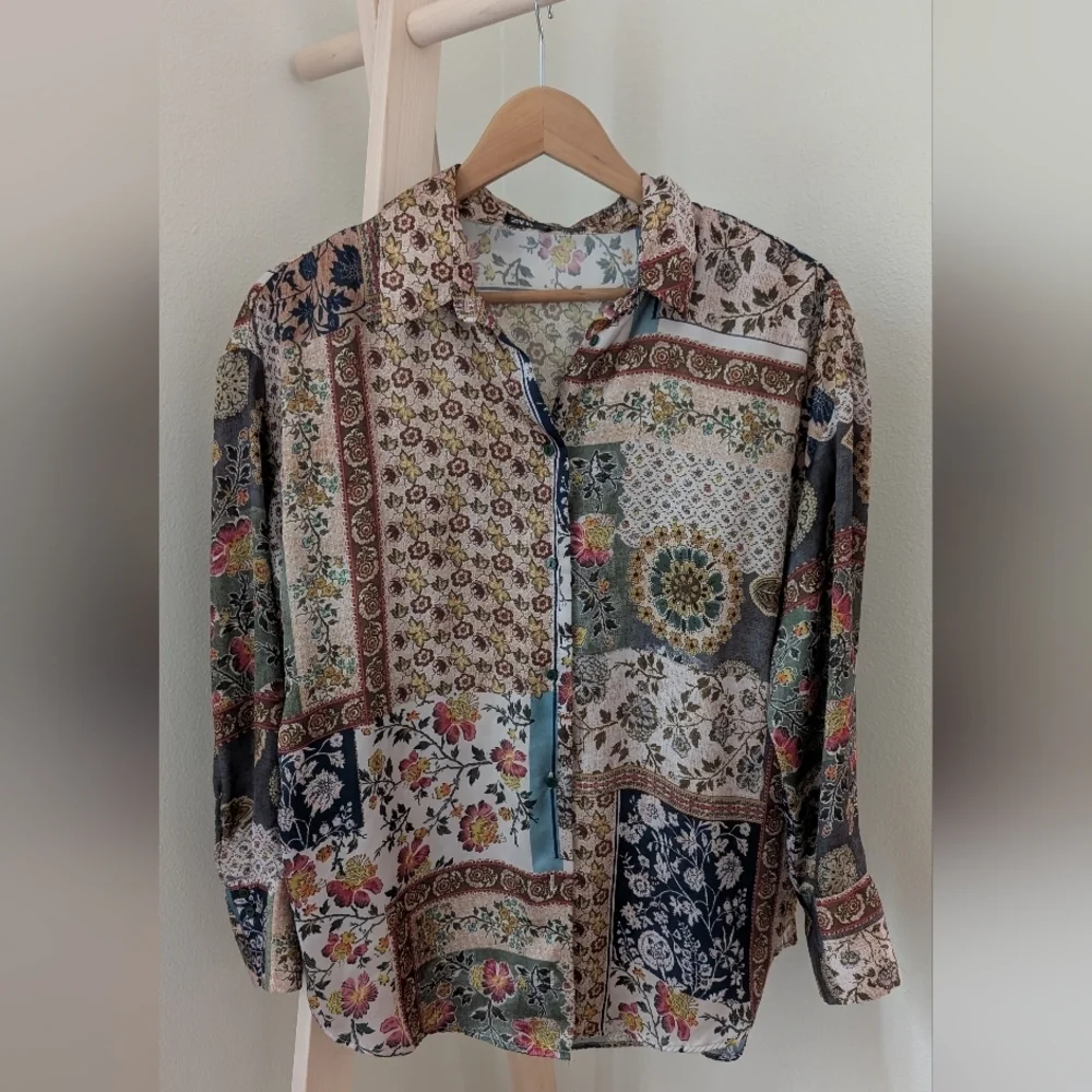 ZARA Women's Floral Patchwork Button-Up Blouse, Sz S - Picture 2 of 7